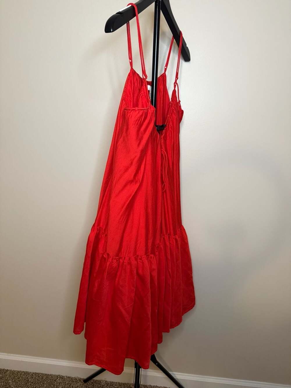 H&M Women's Red Spaghetti Strap Tiered Mini Dress with V-Neck and Tie Front-M - Picture 4 of 6